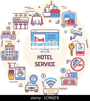 Hotelservice-Webbanner. Annehmlichkeiten für Gäste. Hotelanlage. Reservierung Appartement. Infografiken mit linearen Symbolen auf rotem Hintergrund. Kreativ Stock Vektor