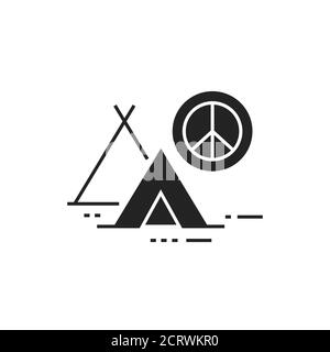 Peace Camp Glyphe schwarzes Symbol. Anti-Kriegs-Bewegung. Friedlicher Protest. Piktogramm für Webseite, mobile App, Promo. Stock Vektor