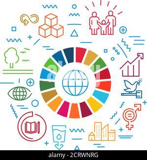 Corporate Social Responsibility Wortbanner. Nachhaltige Entwicklungsziele. SDG-Zeichen. Infografiken mit linearen Icons im Hintergrund Creative Idea Stock Vektor