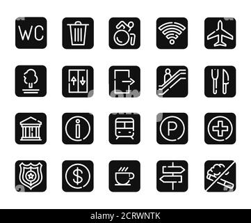 Öffentliche Navigation schwarze Glyphen-Symbole setzen .Piktogramme für Webseite, mobile App, promo. UI UX GUI Designelemente. Bearbeitbare Kontur Stock Vektor