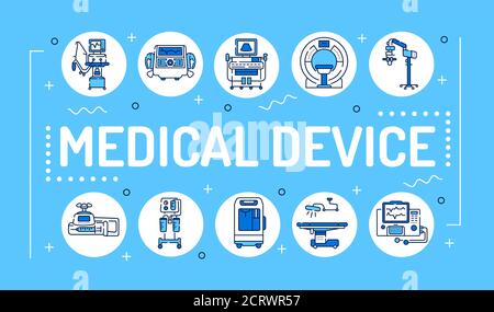 Medizinische Geräte Wort Schrift Typografie. MRT, Anästhesiesystem, Spritzenpumpe, Pipette. Infografiken mit linearen Symbolen auf blauem Hintergrund. Kreativ Stock Vektor