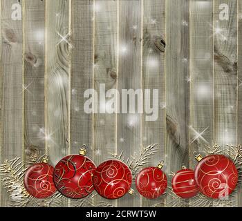 Weihnachtshintergrund mit goldfarbenen Tannenzweigen und roten Kugeln auf rustikalem Holzbrett mit Schnee. Platz für Text, Modell. 3D-Illustration Stockfoto