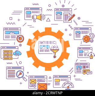 Webbanner für digitales Marketing. SEO, Website-Strategie. Infografiken mit linearen Symbolen auf dem Hintergrund. Kreative Idee Konzept. Isolierte Umrissfarbe Stock Vektor