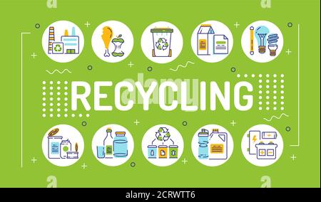 Recycling Wort Schrift Typografie. Mülltrennung. Zero Waste Lifestyle. Umweltfreundlich. Infografiken mit linearen Symbolen auf grünem Hintergrund. Isoliert Stock Vektor