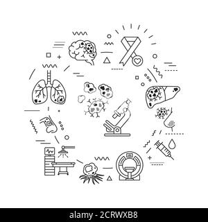 Web-Banner für Krebs. Medizinische Onkologie-Diagnostik. Maligne Neoplasmen. Infografiken mit linearen Symbolen auf weißem Hintergrund. Kreative Idee Konzept Stock Vektor