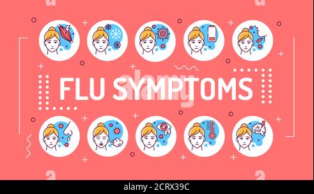 Grippesymptome Wortschrift Typografie. Viruserkrankungen, Erkältungen. Infografiken mit linearen Symbolen auf rosa Hintergrund. Kreative Idee Konzept. Isoliert Stock Vektor