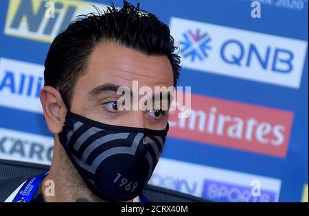 Doha, Katar. September 2020. Cheftrainer Xavi Hernandez von Al Sadd nimmt an einer Pressekonferenz vor dem Spiel der Gruppe D der AFC Champions League zwischen Al Sadd von Katar und Al Nassr von Saudi-Arabien in Doha, der Hauptstadt von Katar, am 20. September 2020 Teil. Quelle: Nikku/Xinhua/Alamy Live News Stockfoto