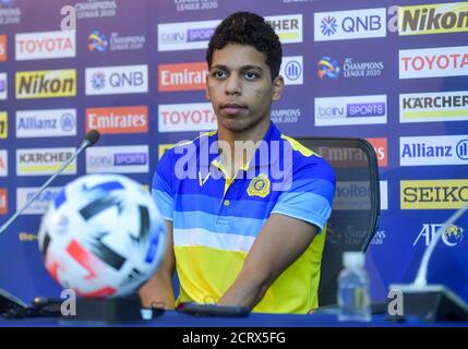 Doha, Katar. September 2020. Spieler Abdulrahman Al-Dossari von Al Nassr nimmt an einer Pressekonferenz vor dem Spiel der Gruppe D der AFC Champions League zwischen Al Sadd von Katar und Al Nassr von Saudi-Arabien in Doha, der Hauptstadt von Katar, 20. September 2020 Teil. Quelle: Nikku/Xinhua/Alamy Live News Stockfoto