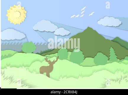 Bunte Papier geschnitten Illustration mit schöner Landschaft mit Hirsch Stock Vektor