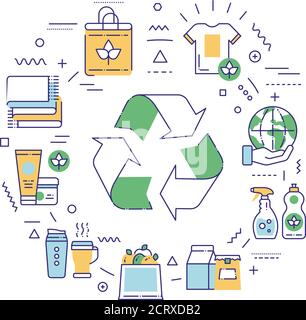 Webbanner „Zero Waste“. Recycelbare Materialien. Infografiken mit linearen Symbolen auf weißem Hintergrund. Kreative Idee Konzept. Isolierte Umrissfarbe Stock Vektor