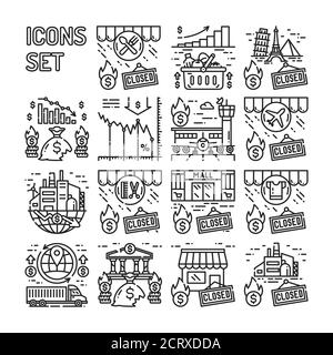 Bankrott schwarze Linie Symbole gesetzt. Wirtschaftskrise. Die Märkte stürzen. Zeichen für Webseite, App. UI UX GUI Design Element. Bearbeitbare Kontur. Stock Vektor