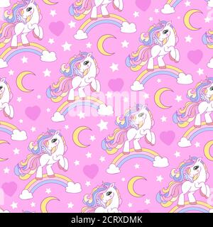Nahtloses Muster mit Einhorn und Regenbogen auf einem rosa Hintergrund.Kinderdruck. Für die Gestaltung von Tapeten, Hintergründe, Geschenkpapier, Stoffe, e Stock Vektor