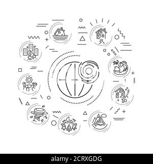 Webbanner für Naturkatastrophen. Ein großes unerwünschtes Ereignis, das aus natürlichen Prozessen der Erde resultiert. Infografiken mit linearen Symbolen auf weißem Hintergrund Stock Vektor