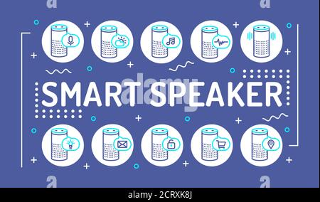 Intelligente Wortschrift für Lautsprecher. Persönlicher Sprachassistent, Sprecherkennung. Infografiken mit linearen Symbolen auf blauem Hintergrund. Kreative Idee Stock Vektor