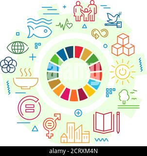 Corporate Social Responsibility Wortbanner. Nachhaltige Entwicklungsziele. SDG-Zeichen. Infografiken mit linearen Icons im Hintergrund Creative Idea Stock Vektor