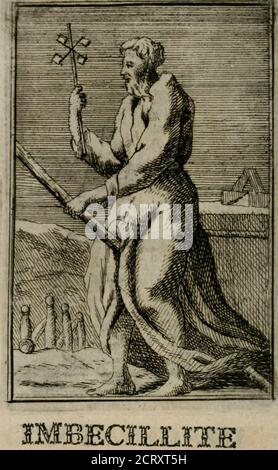 . Iconologie tirée de divers auteurs. Ouvrage utile aux gens de lettres, aux poëtes, aux artistes, & généralement à tous les amateurs des beaux-Arts . FANTASIE. Ceft une faculte de Tame, par laquelle elle fe re-prefente les chofes exterieures & fenfibies Ataide des traces du cerveau. Auf la pemt avec desaile? AUX tempes, pour denoter la promptitude dontelle fe forme idealement des ob]ets» lefquels font in-diques par diiferentes petites figures qui orneut unecouronue queile a fur la tete. Quoique rimagination fe repreprefente affife tranquil-lement, & dans une attitude penfive; elle ne laifTepas Stockfoto