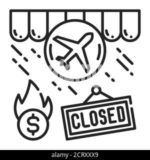 Schwarzes Zeilensymbol des Reisebüros. Wirtschaftliche risis. Unternehmen zusammenbrechen. Die Märkte stürzen. Für Webseite, App anmelden. UI UX GUI Design Element. Editierbar Stock Vektor