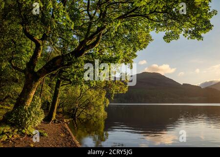 Atemberaubendes Landschaftsbild bei Sonnenaufgang mit Blick über Loweswater im See Bezirk in Richtung Low Fell und Grasmere mit bunten Himmel brechen Auf dem Berg Stockfoto