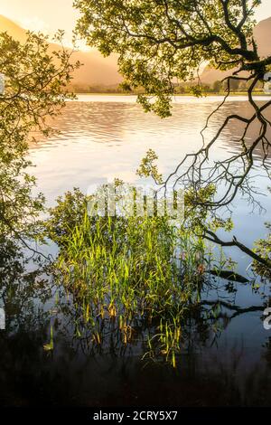 Atemberaubendes Landschaftsbild bei Sonnenaufgang mit Blick über Loweswater im See Bezirk in Richtung Low Fell und Grasmere mit bunten Himmel brechen Auf dem Berg Stockfoto
