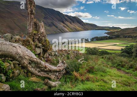 Landschaftssicht entlang wast Wasser in Lake District in spät Sommer mit Illgill Head auf der linken Seite und schönes Licht In der Landschaft Stockfoto