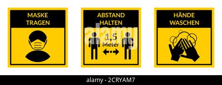 Grundlegende Maßnahmen gegen die Ausbreitung von Covid-19 einschließlich Tragen Sie eine Gesichtsmaske, halten Sie Ihre Distanz 1,5 Meter und waschen Sie Ihre Hände. Vektorbild. Stock Vektor