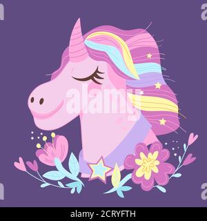 Poster oder Karte mit Einhorn Phantasie Bild und Blumen, flache Vektor-Illustration. Stock Vektor