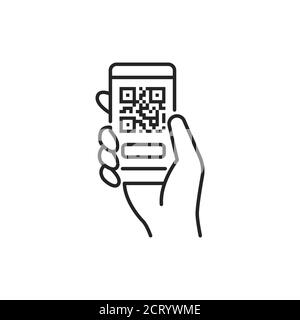 Mobile Anwendung, QR-Code Scannen in Smartphone schwarze Linie Symbol. Vermietung von öffentlichen Verkehrsmitteln. Piktogramm für Web, mobile App, Promo. UI-UX-Designelement Stock Vektor