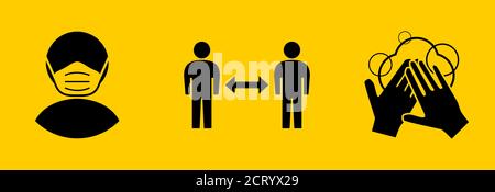 Set von Instruktionssymbolen gegen die Ausbreitung von Coronavirus Covid-19, einschließlich Tragen von Gesichtsmasken, Halten Sie Ihre Distanz und waschen Sie Ihre Hände. Vektorbild. Stock Vektor