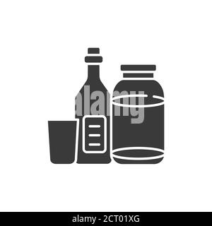 Recycelbares Glas Werkzeuge Glyphe schwarz Symbol. Küchengeschirr Piktogramme: Flasche und Glas, Tasse. Abfallrecycling. Mülltrennung. Umweltfreundlich. UI UX GUI DESIGN Stock Vektor
