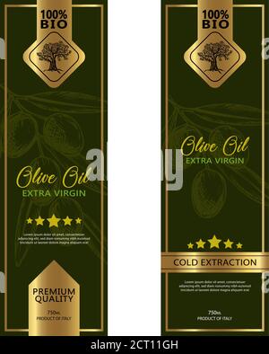 Olivenöletiketten Kollektion. Handgezeichnete Vektor-Illustration-Vorlagen für Olivenöl-Verpackung Stock Vektor