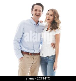 Porträt eines schönen jungen glücklich lächelnd lachenden Paar Studio Isoliert auf weißem Hintergrund Stockfoto