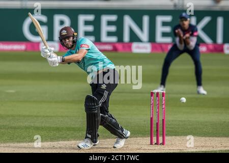 London, Großbritannien. 20. September, 2020. Xxxx als Surrey Kent im Vitality T20 Blast Match beim Kia Oval in den Kampf nimmt. Das Spiel wurde aufgrund der Covid-19 Einschränkungen in einem leeren Stadion gespielt. David Rowe/Alamy Live News Stockfoto