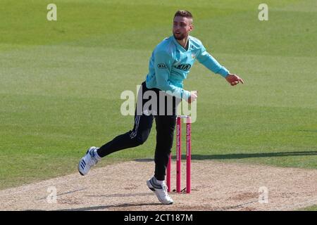 London, USA. September 2020. LONDON, ENGLAND, SEPTEMBER 20 2020: Will Jacks of Surrey Bowling während der Vitality Blast Match Surrey gegen Kent auf dem Kia Oval Cricket Ground, London, England, 20 September 2020(Foto von ESPA/Cal Sport Media/Sipa USA) Kredit: SIPA USA/Alamy Live News Stockfoto