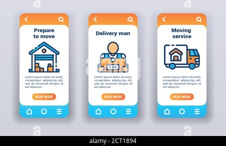 Verschieben von Services und Laden von Boxen auf mobilen App-Onboarding-Bildschirmen. Banner für Website und mobile Kit Entwicklung UI UX GUI Vorlage Stock Vektor
