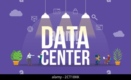 Konzept der Rechenzentrumstechnologie mit Menschen und großem Textwort Und zugehörige Symbol flach Stock Vektor