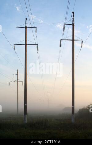 Elektrische Stromleitung im Morgennebel. Elektrische Versorgungskabel in Nebel am frühen Morgen Stockfoto