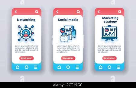 Marketing-Kanäle auf den Bildschirmen für das Onboarding von mobilen Apps. UI-UX-GUI Stock Vektor