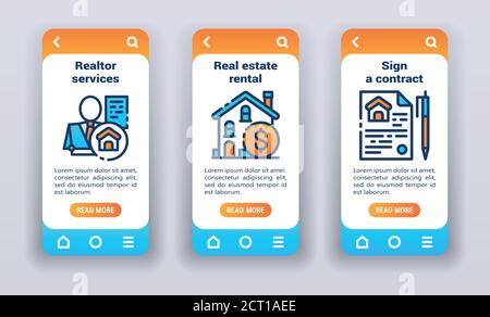 Immobilien auf mobilen App Onboarding Bildschirme. Linie Symbole, makler Dienstleistungen, Vermietung, unterzeichnen einen Vertrag. Stock Vektor