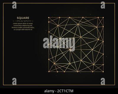 Quadratische goldene abstrakte Illustration auf dunklem Hintergrund. Geometrische Form polygonale Vorlage aus Linien und Punkten. Stock Vektor