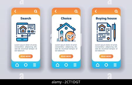 Immobilien auf mobilen App Onboarding Bildschirme. Liniensymbole, Suche, Auswahl, Haus kaufen. Banner für die Entwicklung von Websites und mobilen Kits Stock Vektor