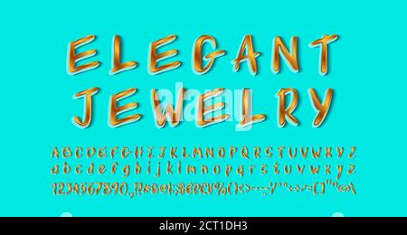 Elegante Emblem 3d Stil goldenen und türkisfarbenen Farben. Handgeschriebenes Alphabet, moderne Schrift. Groß- und Kleinbuchstaben, Zahlen, Symbole. Stock Vektor