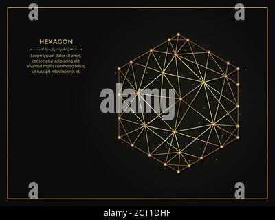 Sechseckige goldene abstrakte Illustration auf dunklem Hintergrund. Geometrische Form polygonale Vorlage aus Linien und Punkten. Stock Vektor