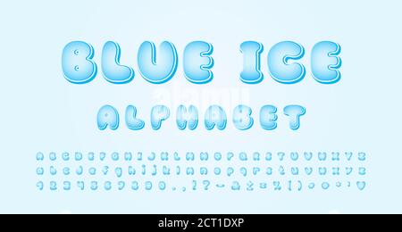 Blaues Eis-Vektor-Alphabet. Cartoon Blase Schriftart mit blauen Himmel Farbverlauf Farben. Gefrorene Buchstaben und Zahlen für Karten, Plakate, Banner des Winterthemas. Stock Vektor