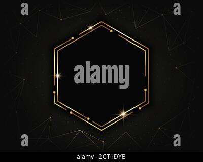 Gold Luxus sechseckigen Rahmen. Geometrische polygonale Vorlage aus Linien und Punkten. Low-Poly-Darstellung auf dunklem Hintergrund Stock Vektor