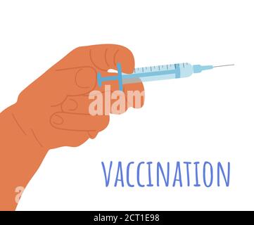 Cartoon Hand hält eine Spritze mit einem Impfstoff. Beschriftung Impfung. Gesundheitsversorgung und Schutz. Medizinische Behandlung. Arzt. Vektorgrafik Stock Vektor