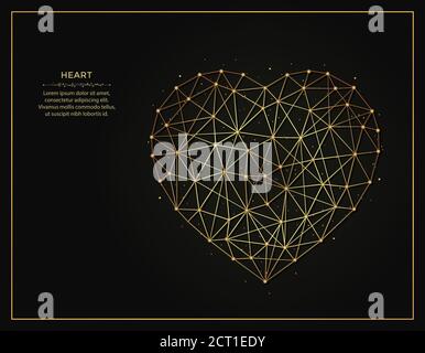 Herz Symbol goldene abstrakte Illustration auf dunklem Hintergrund. Geometrische Form polygonale Vorlage aus Linien und Punkten. Stock Vektor