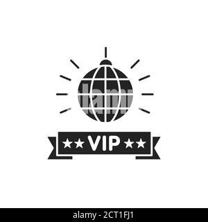Schwarzes Symbol für VIP-Party-Glyphe. Exklusive Veranstaltung. Rotes Band und Disco Ball. Registrieren Sie sich für Webseite, mobile App, Schaltfläche, Logo. Vektor-isolierte Schaltfläche. Stock Vektor