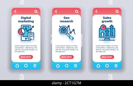 Marketing auf den Bildschirmen für das Onboarding von mobilen Apps. Banner für die Entwicklung von Websites und mobilen Kits. Stock Vektor