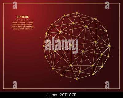 Kugel goldene abstrakte Illustration auf dunkelrotem Hintergrund. Geometrische Form polygonale Vorlage aus Linien und Punkten. Stock Vektor
