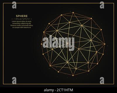 Kugel goldene abstrakte Illustration auf dunklem Hintergrund. Geometrische Form polygonale Vorlage aus Linien und Punkten. Stock Vektor
